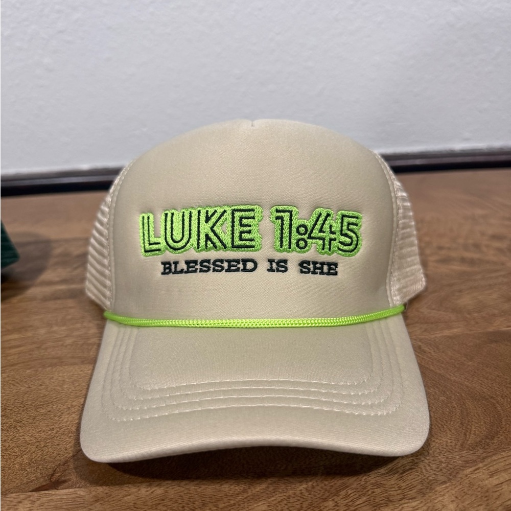 Luke 1:45 'Blessed Is She' Beige Trucker Hat with Neon Green Trim